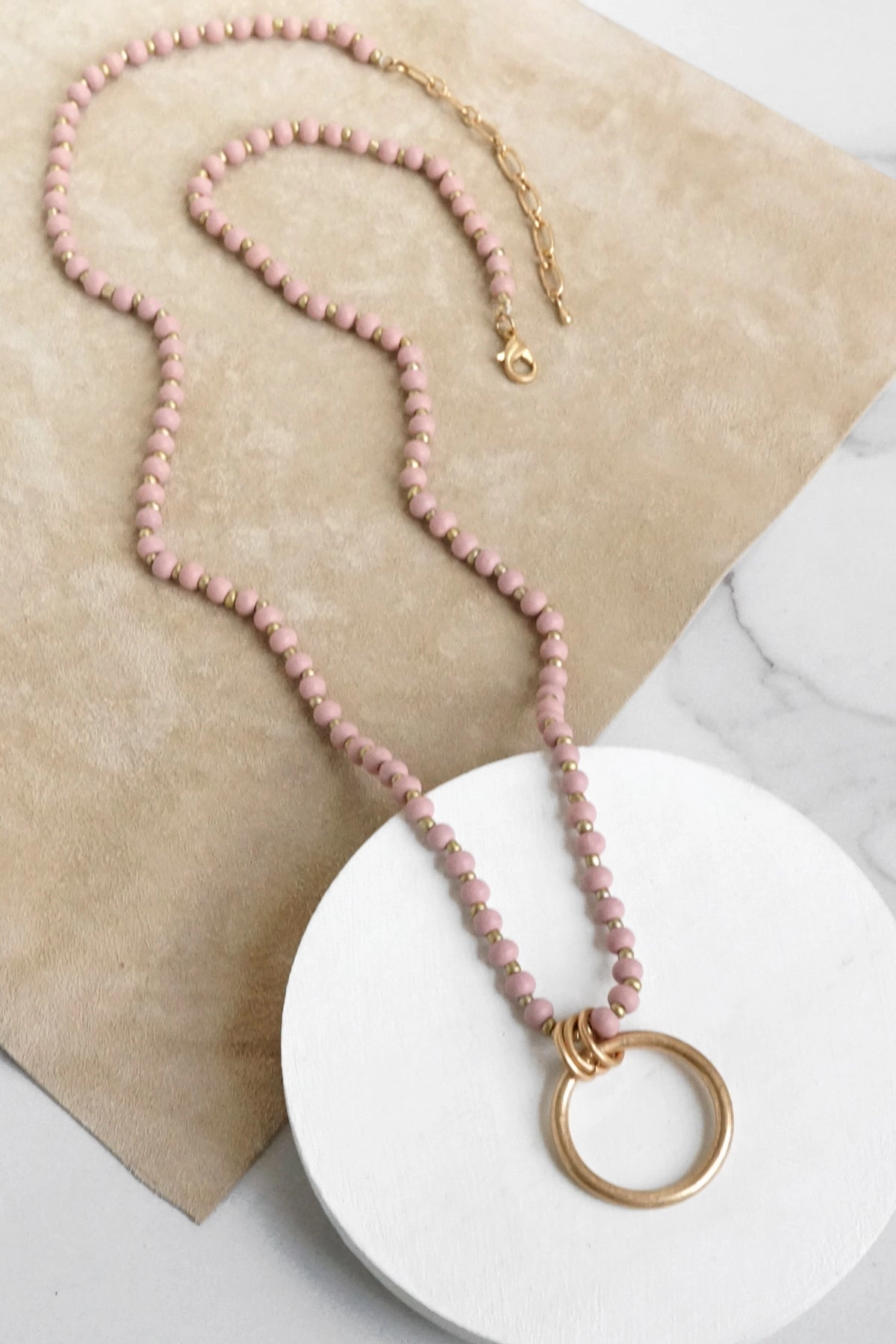 Beaded Strand Effortless Present Long Wooden Bead Necklace with gold circle ring - Pink