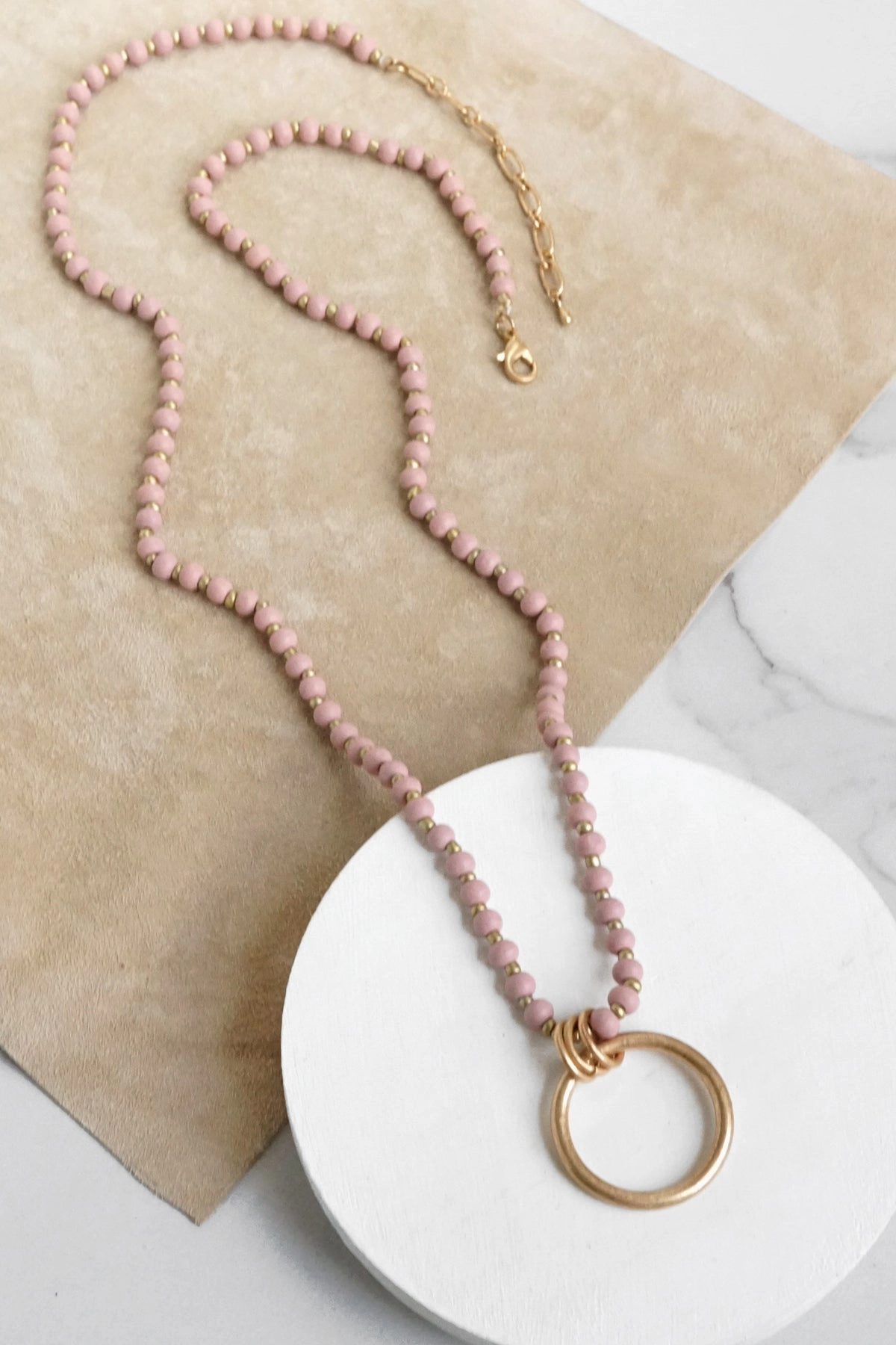 Long Wooden Bead Necklace with gold circle ring - Pink Magnificent Ornament Minimal Beauty