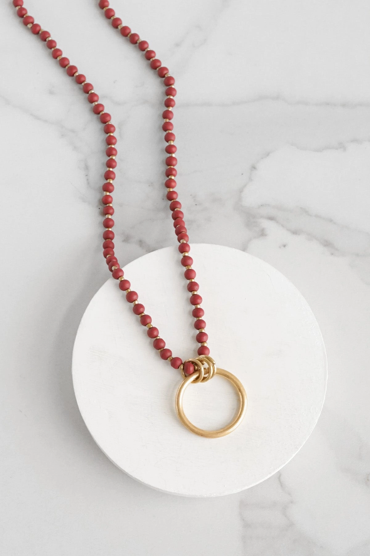 Long Wooden Bead Necklace with gold circle ring - Red Burgundy Birthday Cheer Fresh Gift