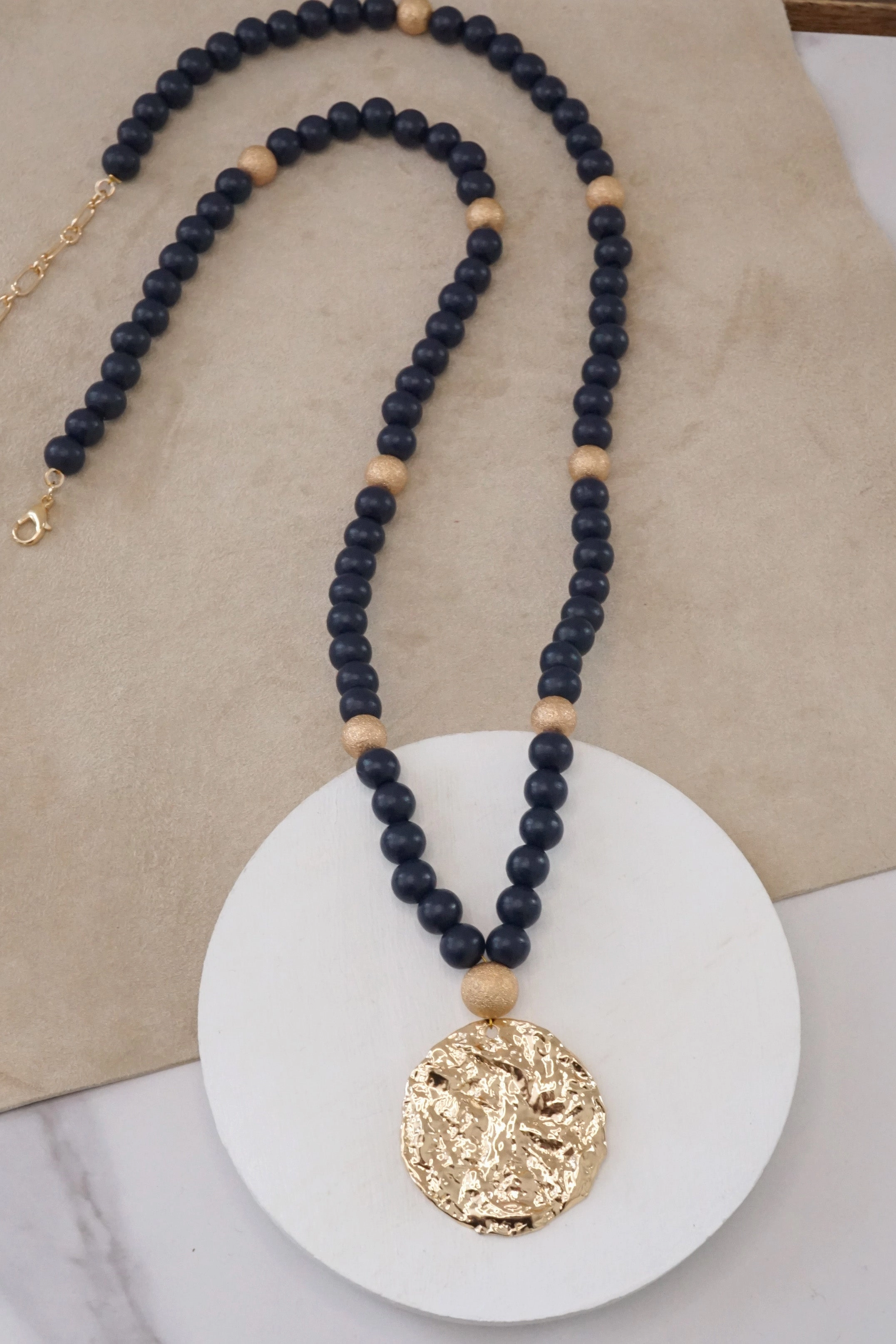 Summer Mood Adventure Style Long Wooden Bead Necklace with gold coin - Navy Blue