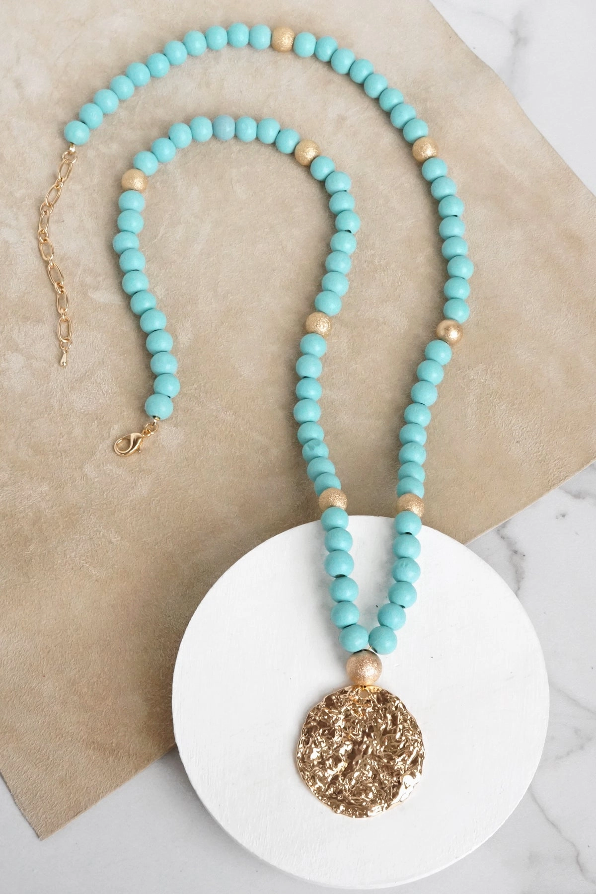 Long Wooden Bead Necklace with gold coin - turquoise Elegant Morning