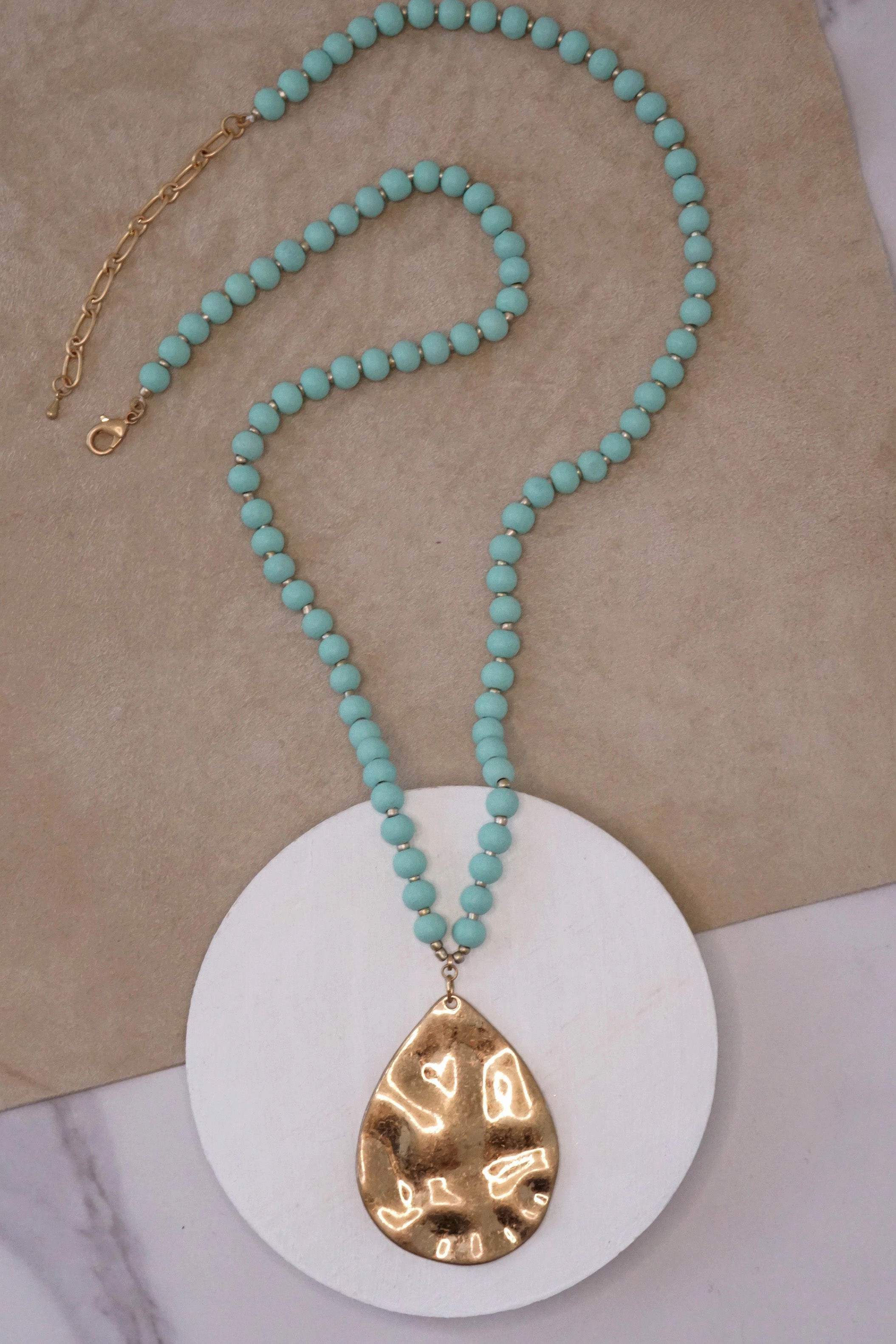 Tied Item Long Wooden Bead Necklace with gold teardrop - Mint Green