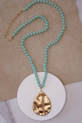 Long Wooden Bead Necklace with gold teardrop - Mint Green Group Event Jewelry