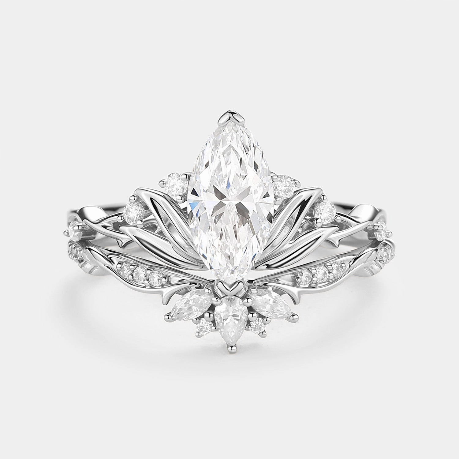 Fresh Detail Simple Look Lotus Flower Lab Grown Diamond Engagement Ring Sets 2pcs - Padmara