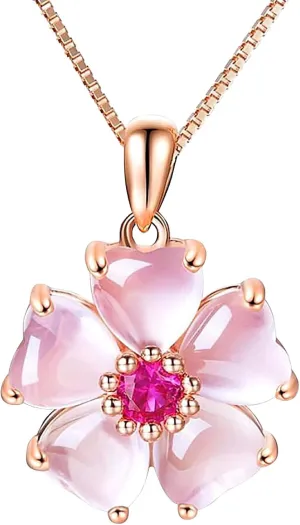 Love Flowers Pendant Necklace Solitaire Zircon Clavicle Chain Dainty Temperament Anniversary Necklaces for Women (Pink, One Size)