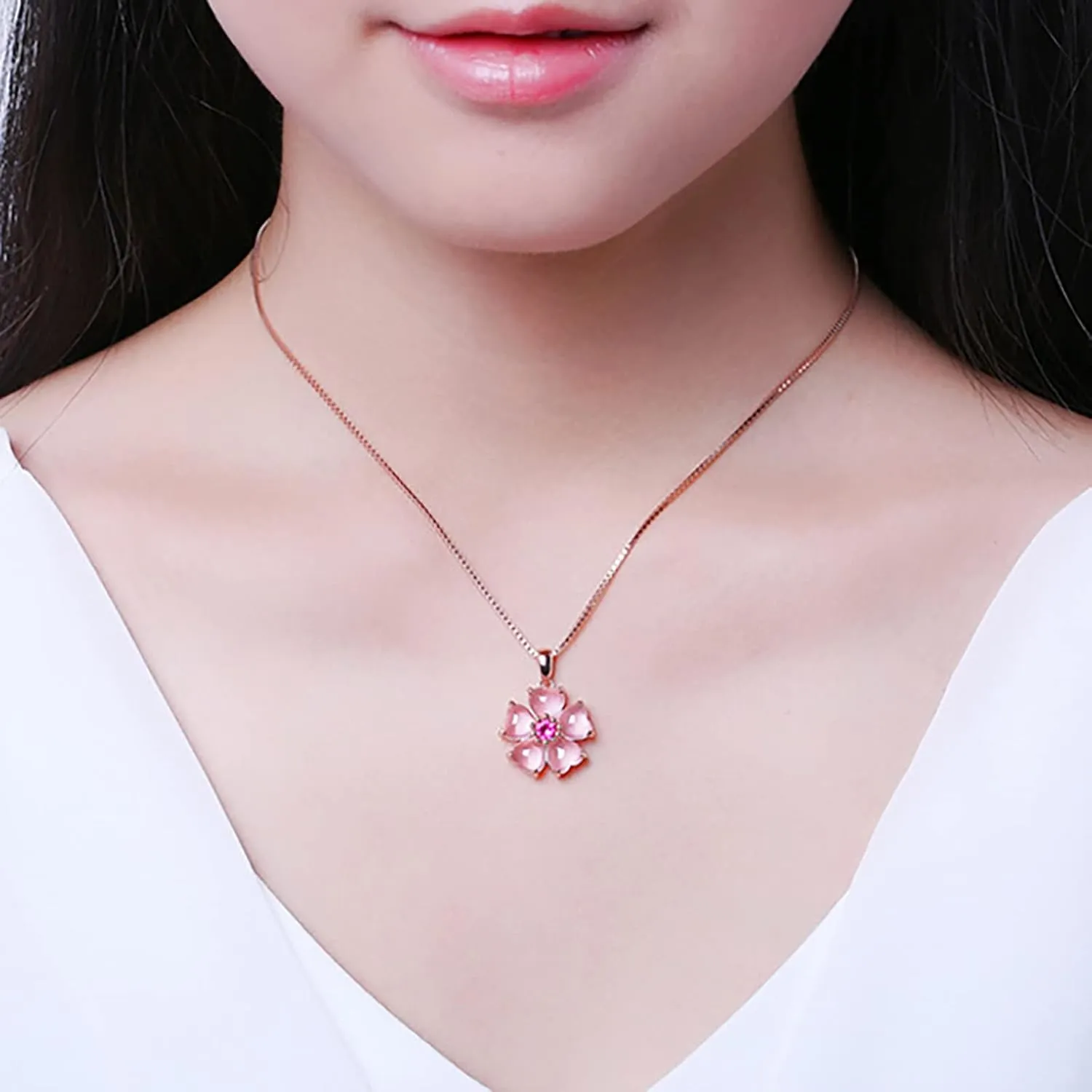 Love Flowers Pendant Necklace Solitaire Zircon Clavicle Chain Dainty Temperament Anniversary Necklaces for Women (Pink, One Size)