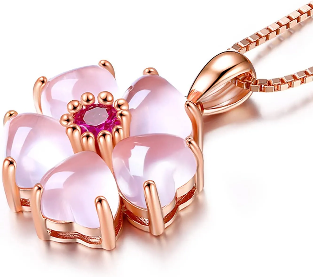 Love Flowers Pendant Necklace Solitaire Zircon Clavicle Chain Dainty Temperament Anniversary Necklaces for Women (Pink, One Size)