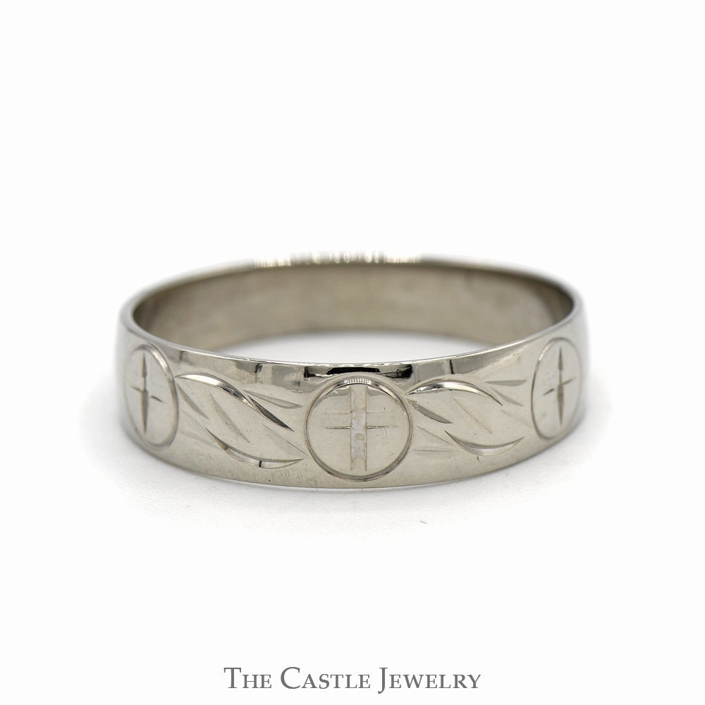 Tapered Diamond Cut Etched Cross Band in 10k White Gold Affordable Emblem Stylish Memento