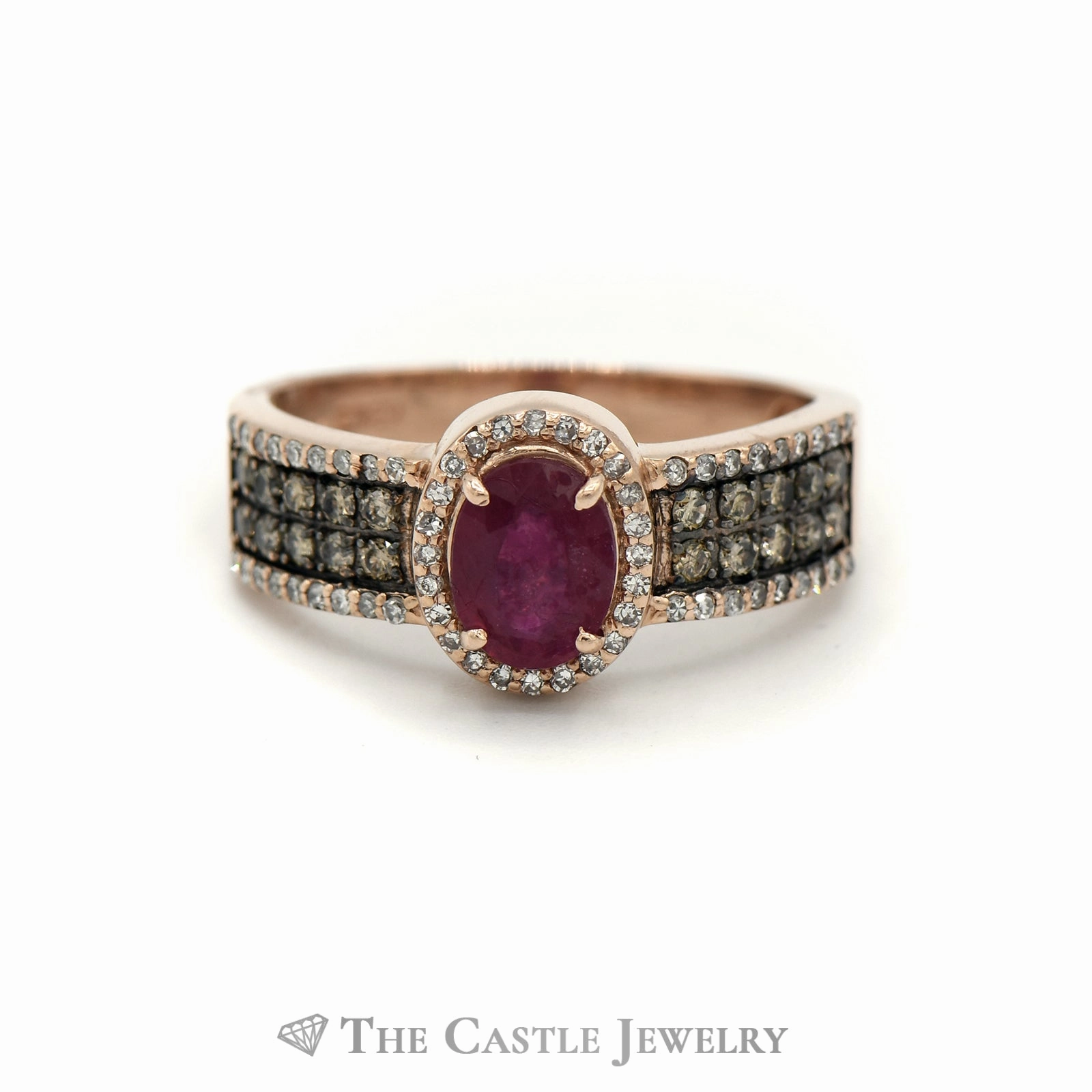 Soft Finish Look Effy Oval Ruby Ring with Brown & White Diamond Accents in 14k Rose Gold