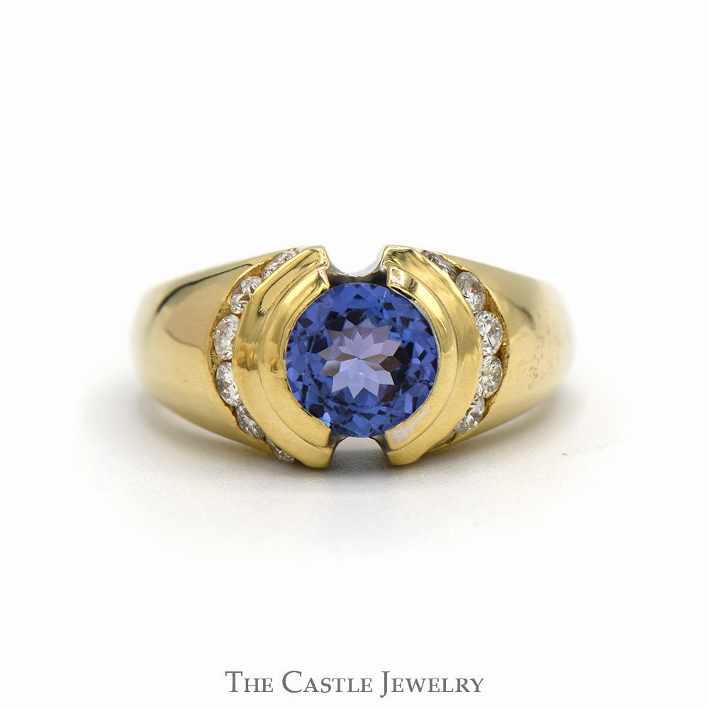 Round Bezel Set Tanzanite Ring with Channel Set Diamond Sides in 14k Yellow Gold Budget Product Collectible Jewelry
