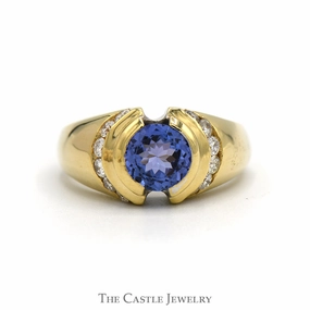Round Bezel Set Tanzanite Ring with Channel Set Diamond Sides in 14k Yellow Gold Budget Product Collectible Jewelry