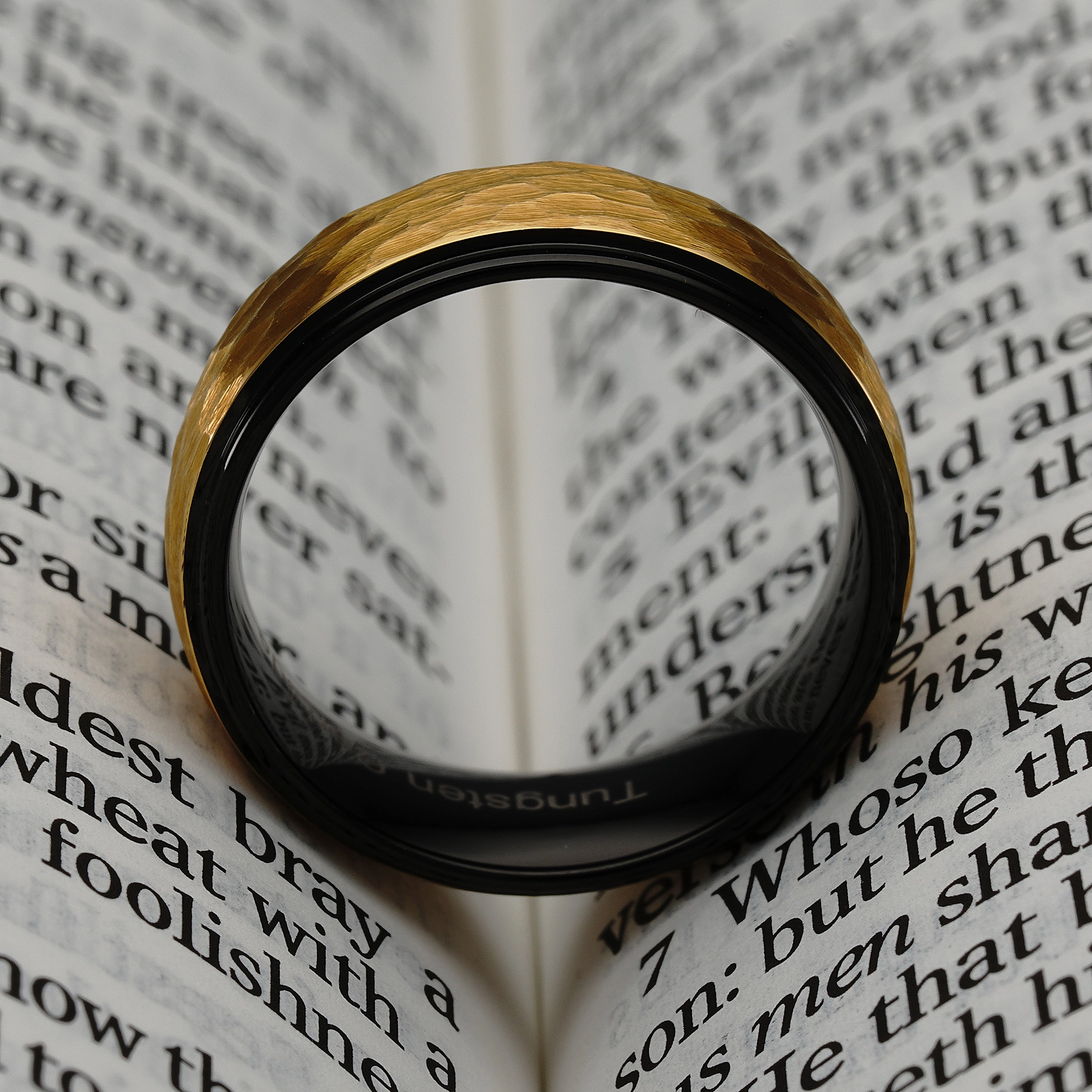 100S JEWELRY Tungsten Ring for Men Wedding Band Two Tone Black Gold Hammer Forged Size 6-16 Spring Collection