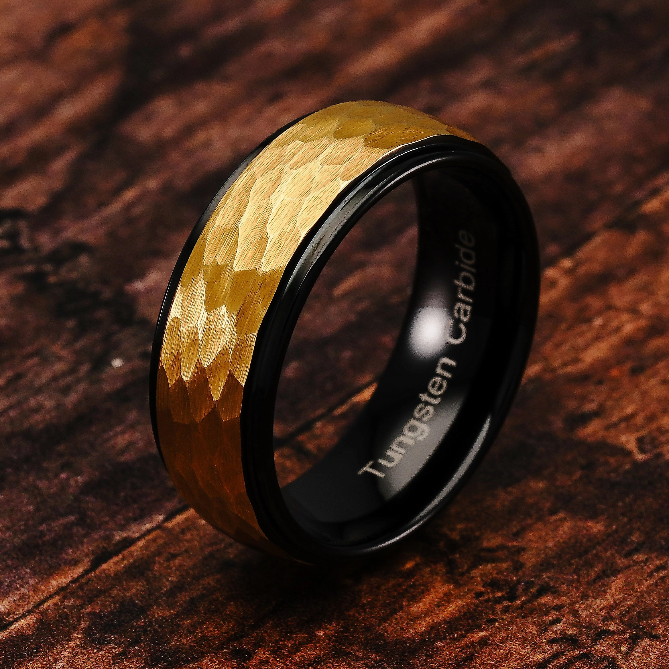 100S JEWELRY Tungsten Ring for Men Wedding Band Two Tone Black Gold Hammer Forged Size 6-16 Neutral palette