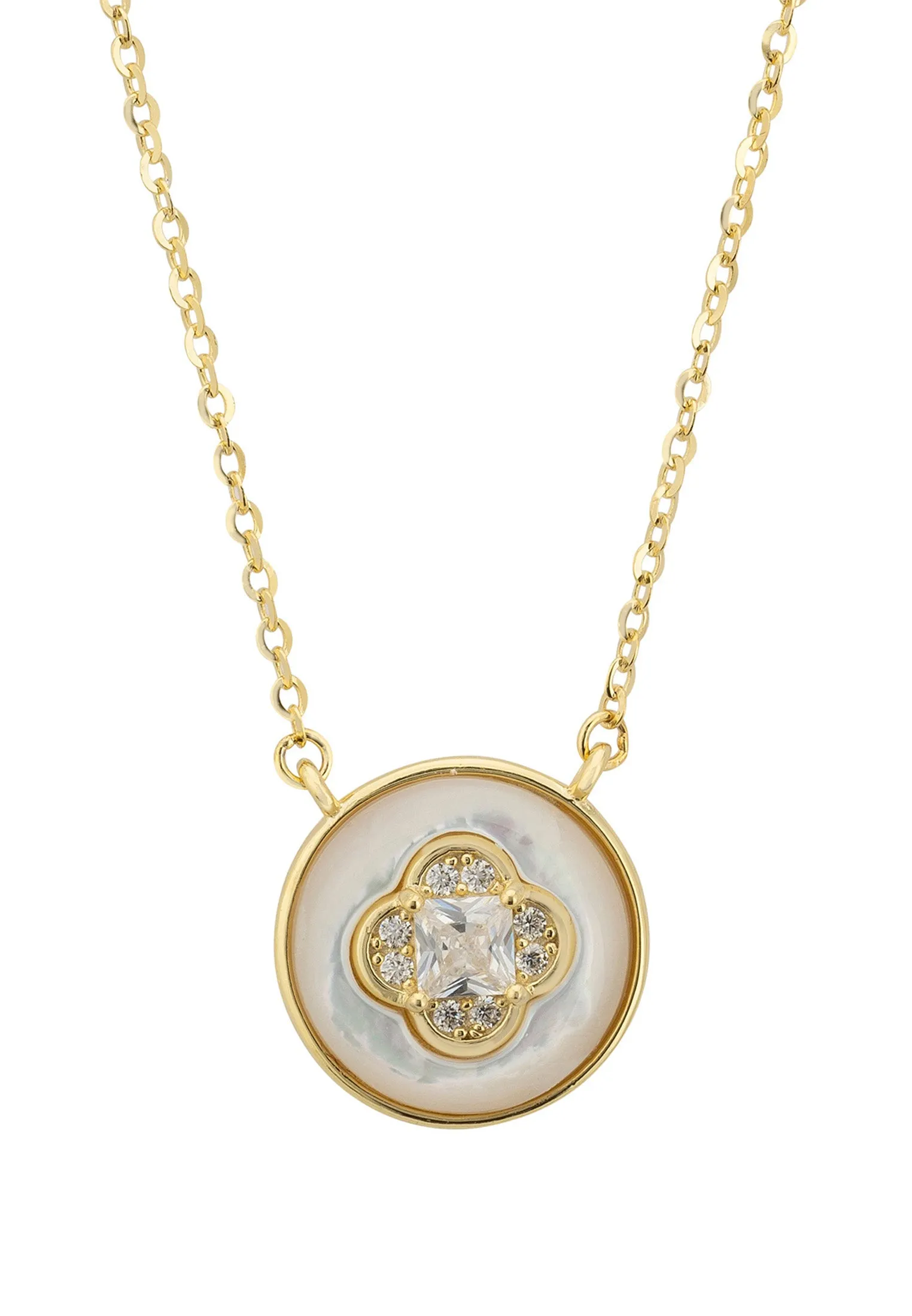 Lucky Charm Clover Flower Mother Of Pearl Pendant Necklace Gold