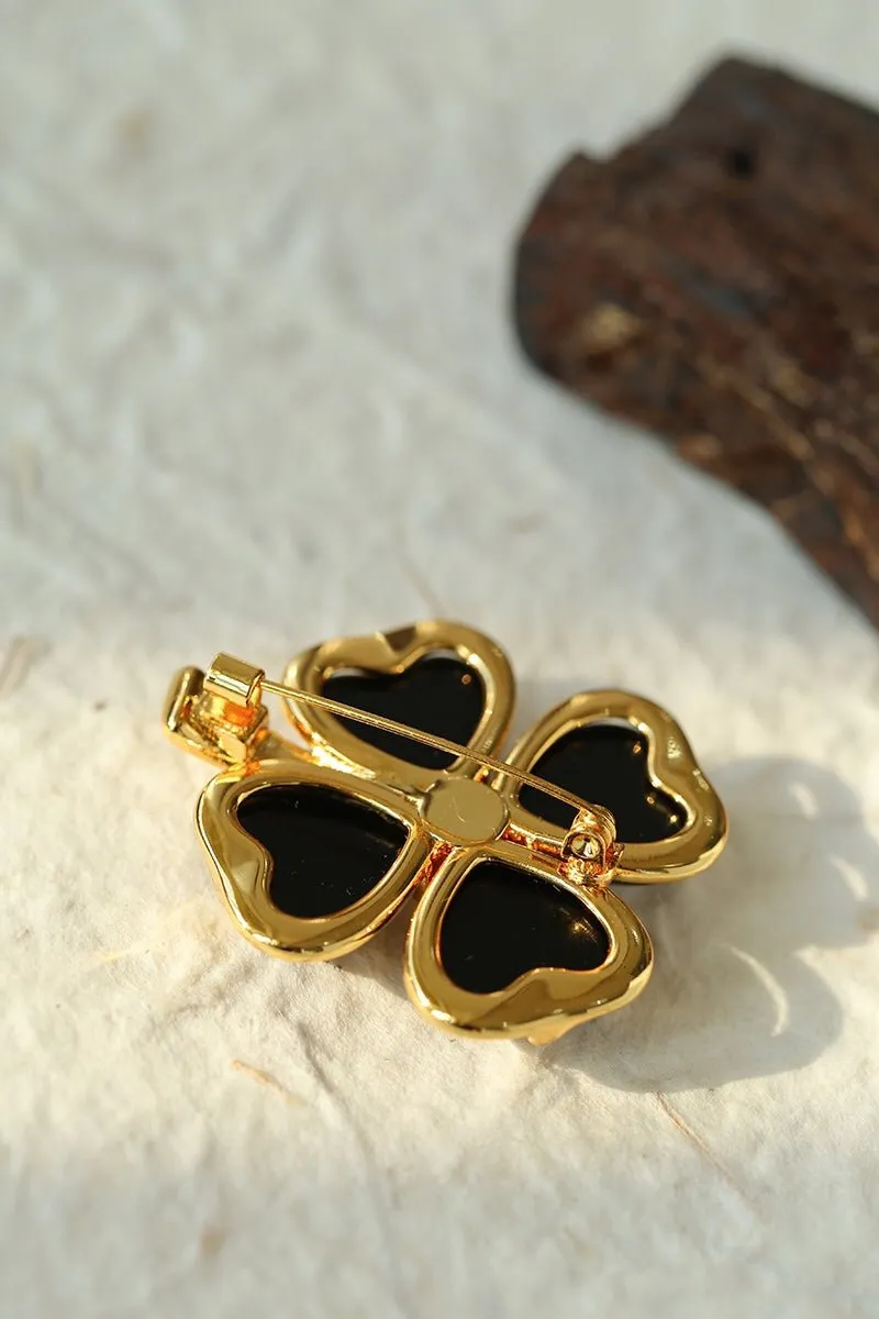Lucky Clover Black Agate Brooch