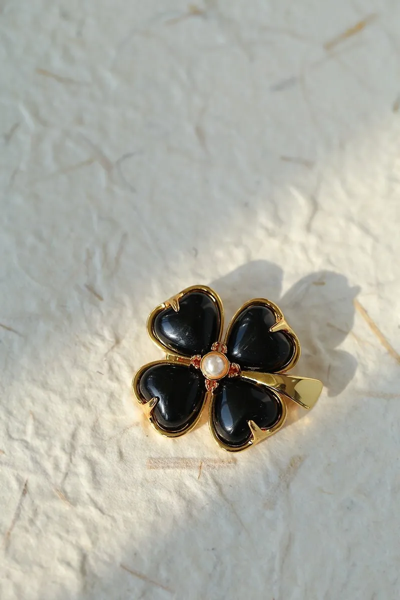 Lucky Clover Black Agate Brooch
