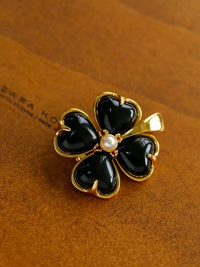 Lucky Clover Black Agate Brooch