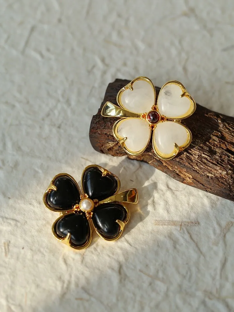 Lucky Clover Black Agate Brooch