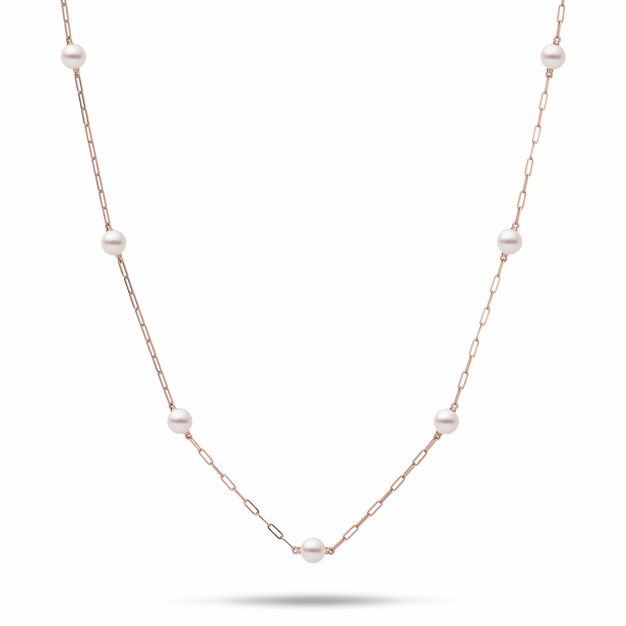 Adjustable 24" Akoya White Pearl Paperclip Chain Necklace in Rose Gold Graceful Finish
