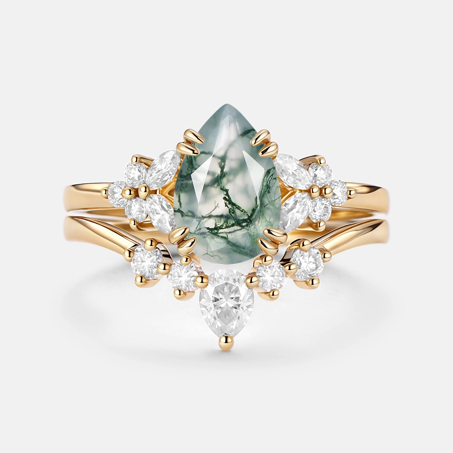 Radiant Form Pear Shaped Moss Agate Cluster Chevron Gold Ring Set 2pcs - Cerys