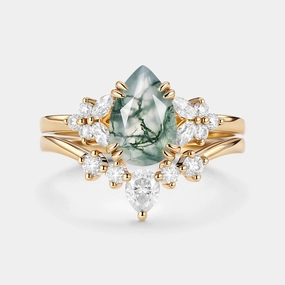 Pear Shaped Moss Agate Cluster Chevron Gold Ring Set 2pcs - Cerys Smooth Glow Sculpted Sparkle