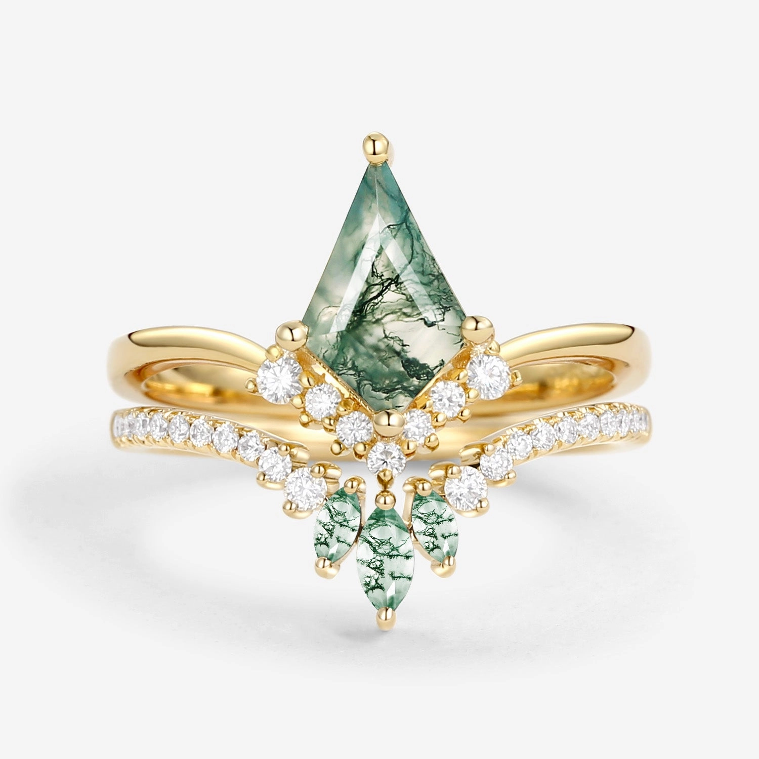 Kite Cut Moss Agate Classic Engagement Bridal Set 2pcs - Aero Graceful Accessory Night Out Look