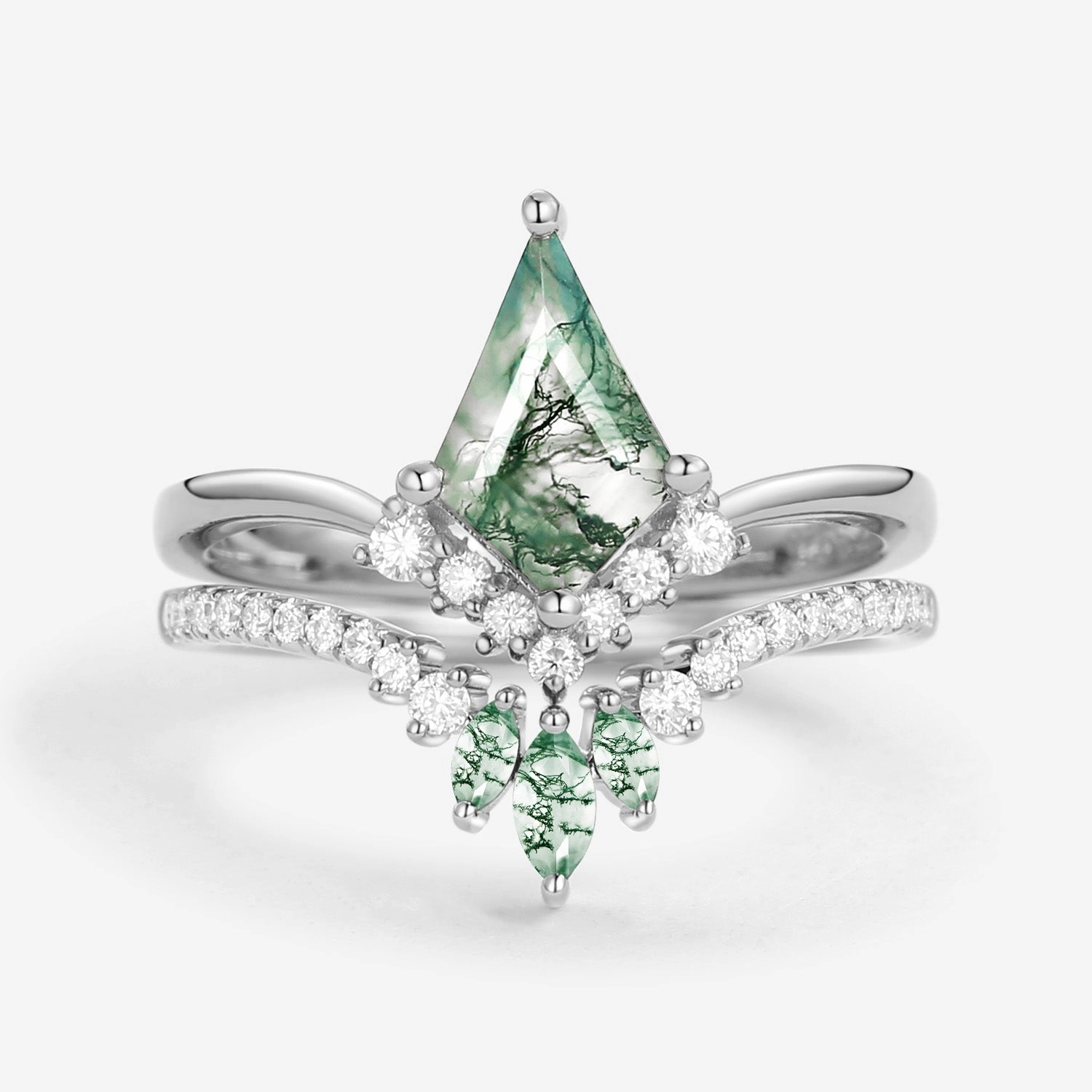Kite Cut Moss Agate Classic Engagement Bridal Set 2pcs - Aero Bold Fashion Contemporary Form