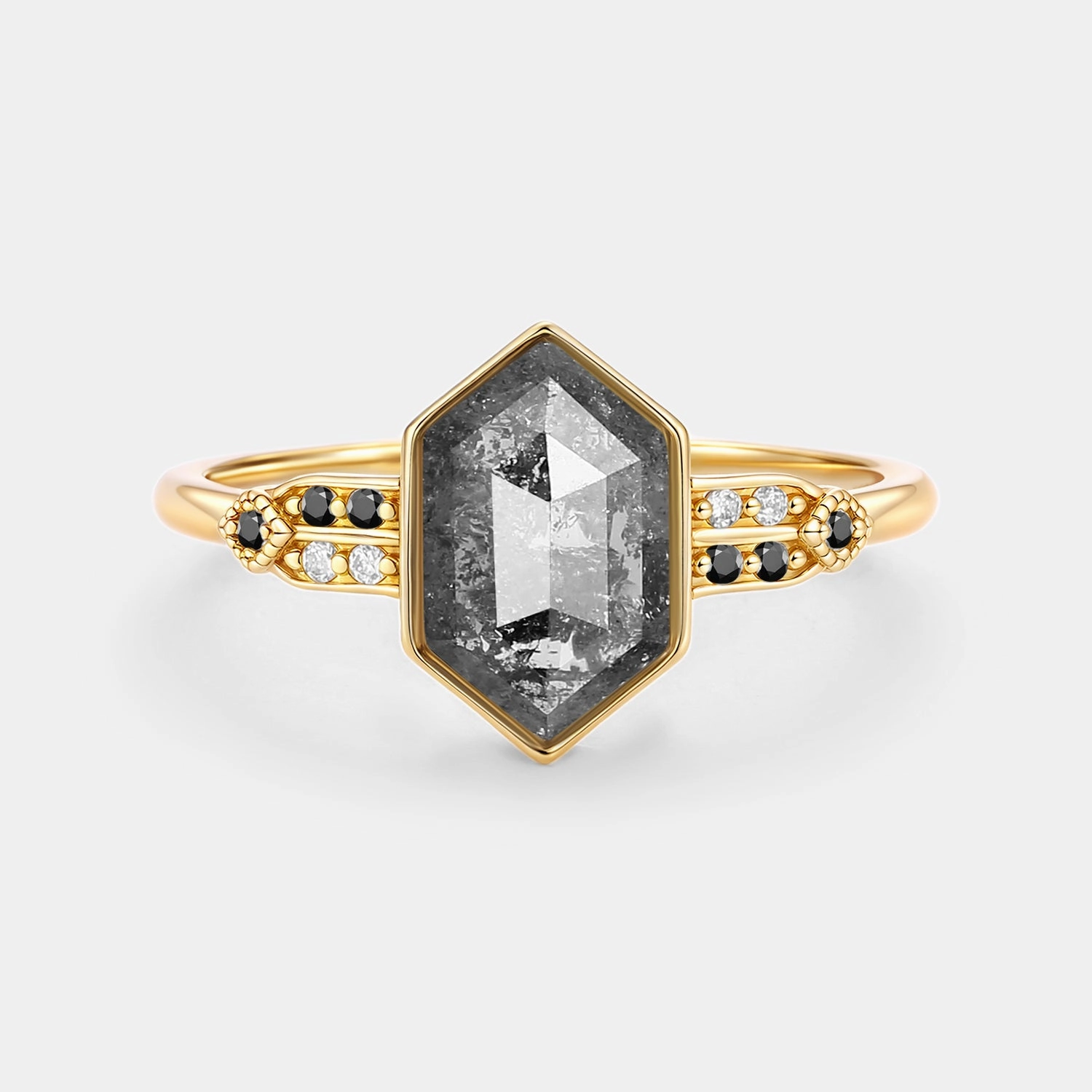 Everyday Look Hexagon Salt and Pepper Diamonds Stacking Engagement Ring - Nocturne