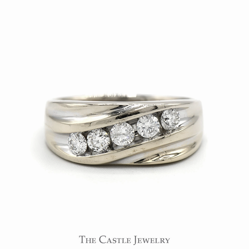 Men's 1cttw 5 Round Diagonally Nick Set Diamond Band in 14k White Gold Bold Product