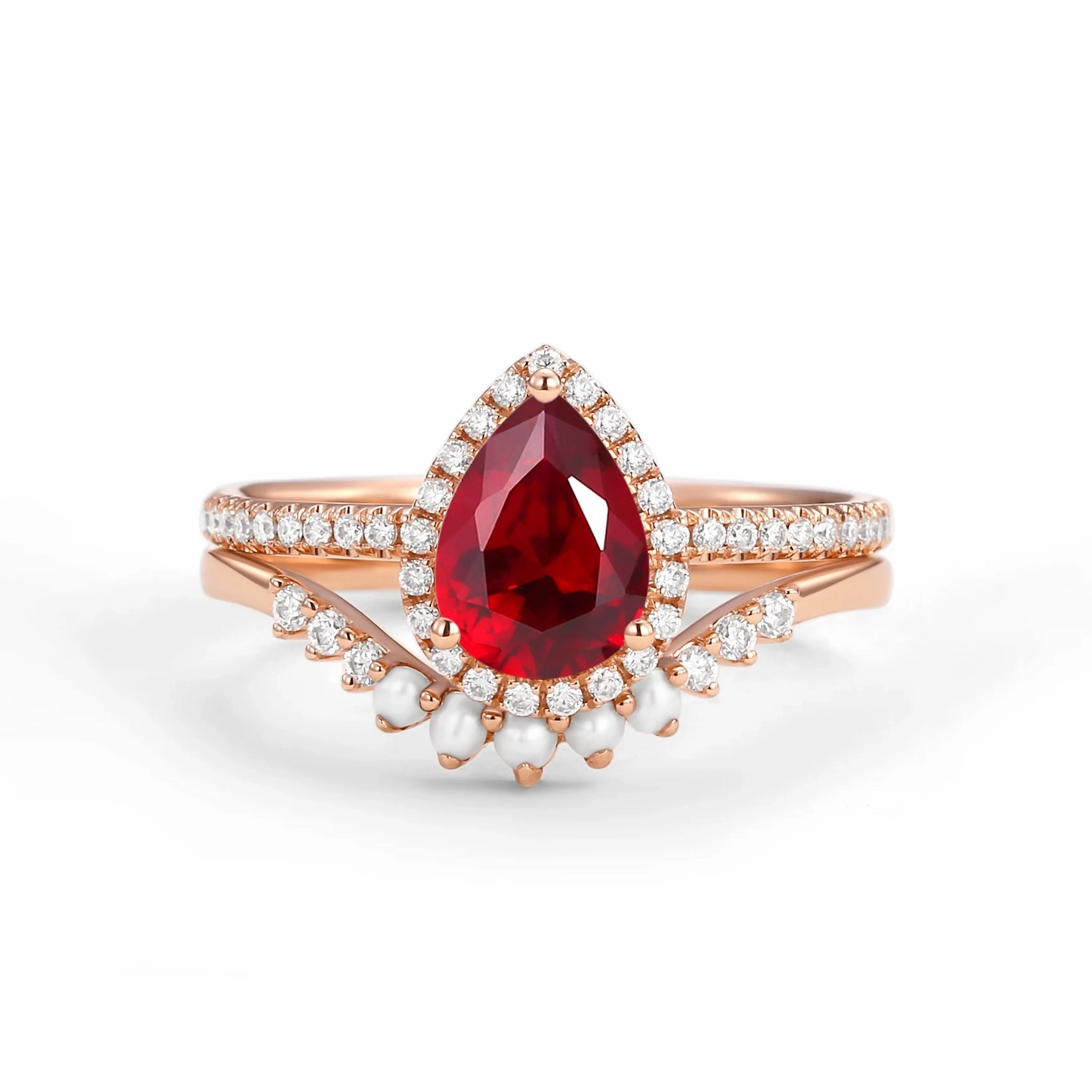1.5ct Pear Lab Ruby Pearl-fect Classic Halo Ring Set 2pcs Minimal Chic Classic Finish