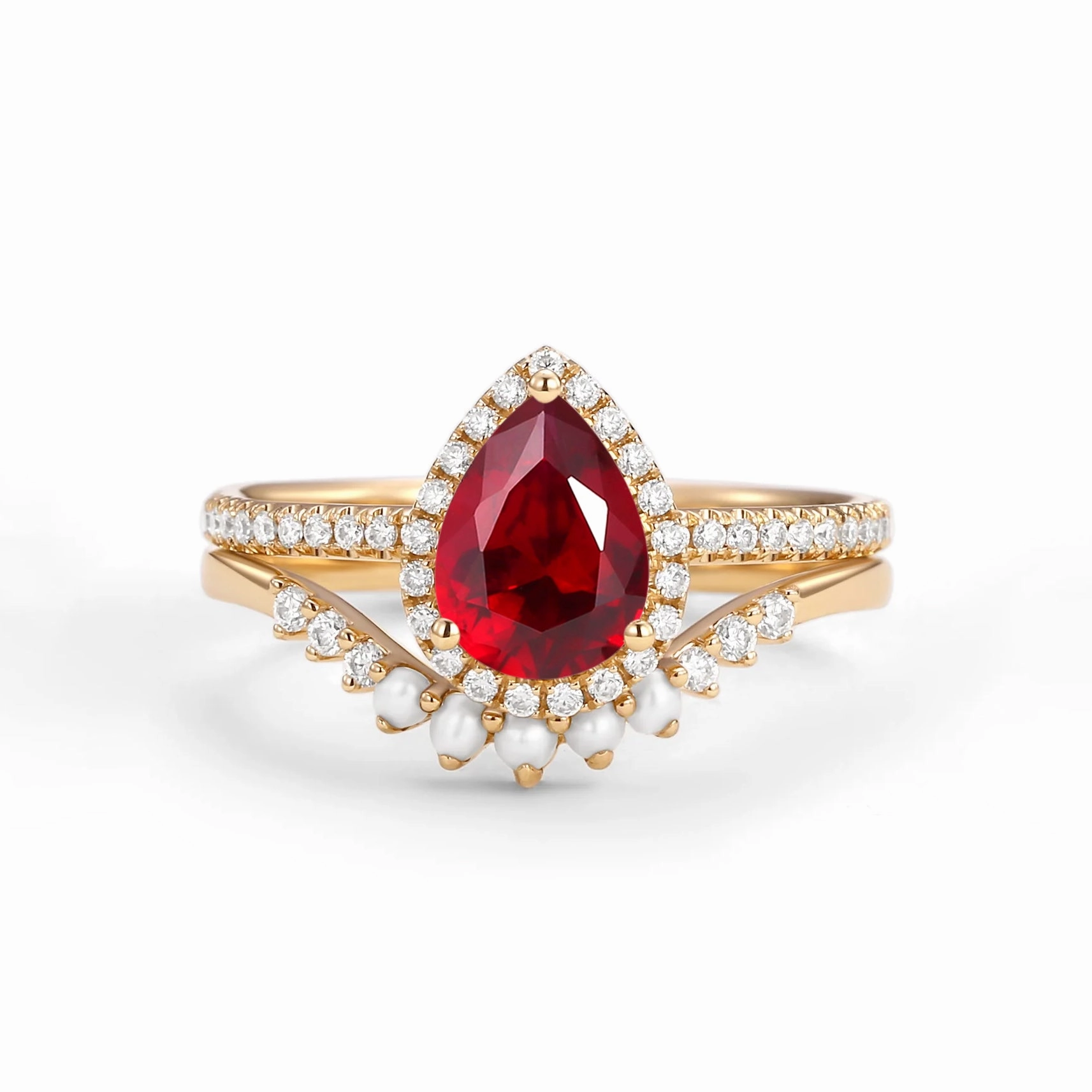 Shine In Light Fashion highlight 1.5ct Pear Lab Ruby Pearl-fect Classic Halo Ring Set 2pcs