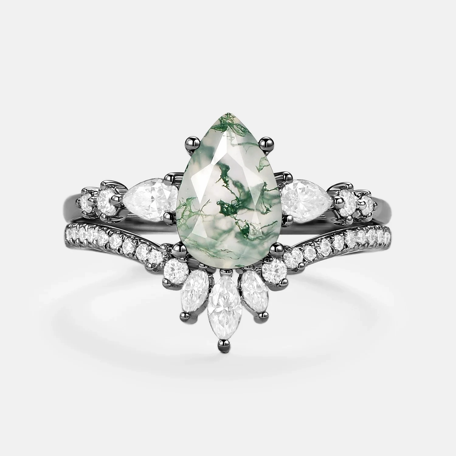 Bold Lines Black Gold Signature Pear Moss Agate Staccato Ring Set 2pcs - Scottie