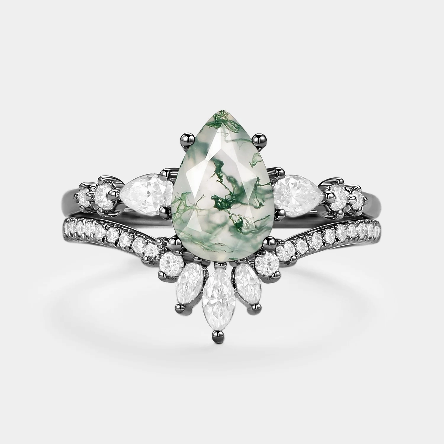 Black Gold Signature Pear Moss Agate Staccato Ring Set 2pcs - Scottie Classic Pieces