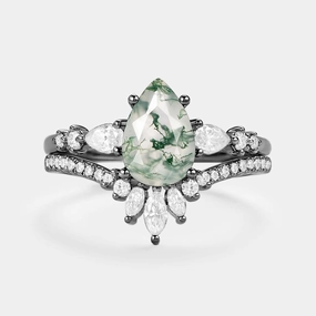 Black Gold Signature Pear Moss Agate Staccato Ring Set 2pcs - Scottie Classic Pieces