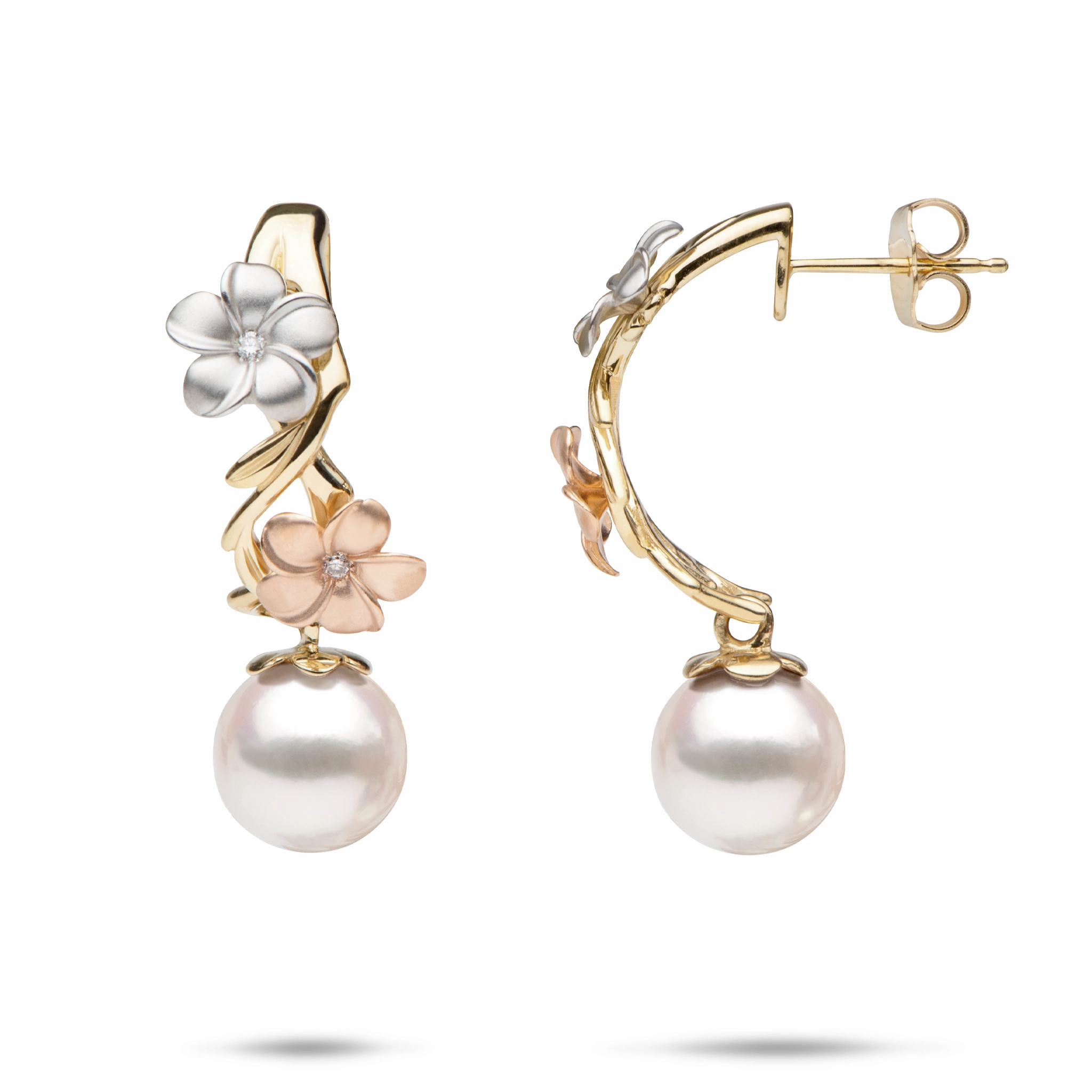 Luxury Ready Graceful Touch Pearls in Bloom Plumeria Akoya White Pearl Earrings in Tri Color Gold with Diamonds - 23mm