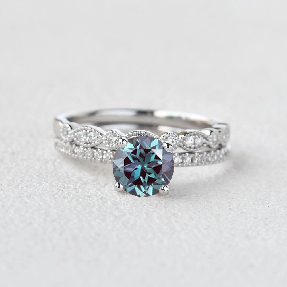 Dainty Spark Night Style 1.0ct Round Alexandrite Pave Vintage Solitaire Ring Set 2pcs