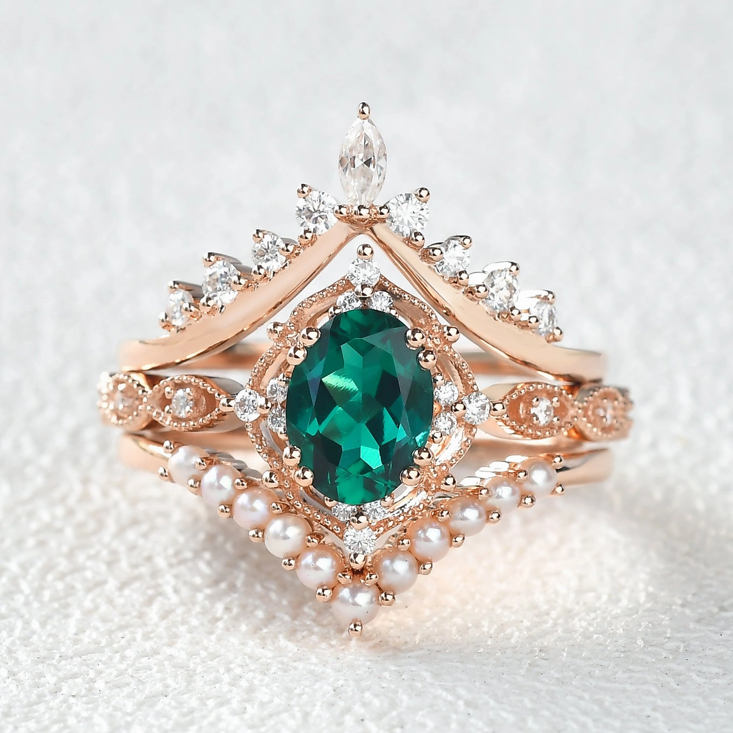 Handcrafted Finish 1.5ct Emerald Signature Vintage Extravaganza Ring Set 3pcs