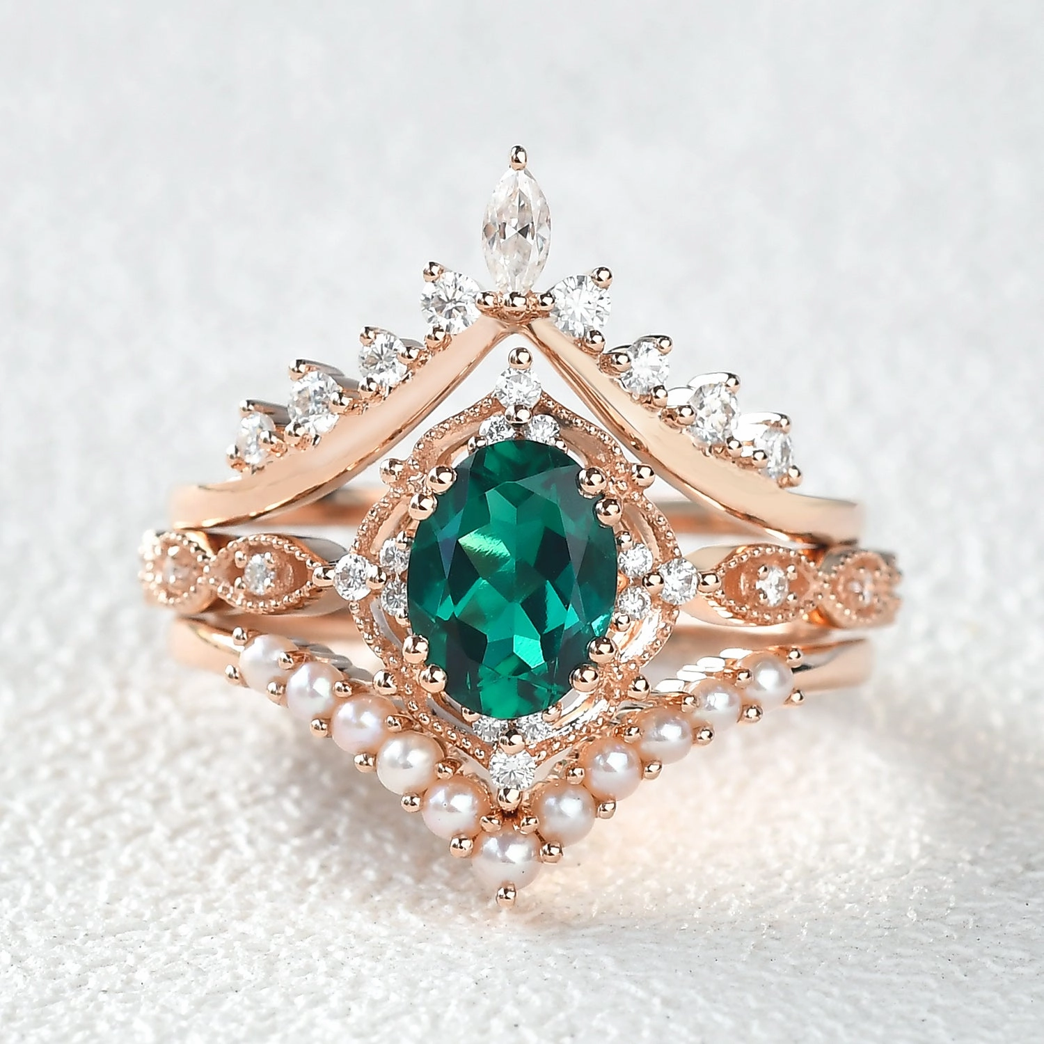 Boho Charm 1.5ct Emerald Signature Vintage Extravaganza Ring Set 3pcs