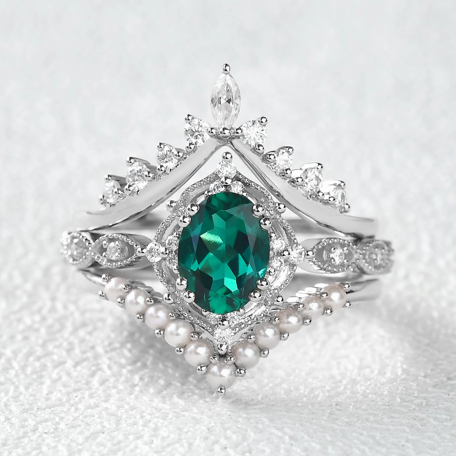 1.5ct Emerald Signature Vintage Extravaganza Ring Set 3pcs Charming Piece