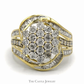 Flower Shaped 1cttw Diamond Cluster Ring with Channel Set Baguette Accents  in 10k Yellow Gold sophisticated appearance