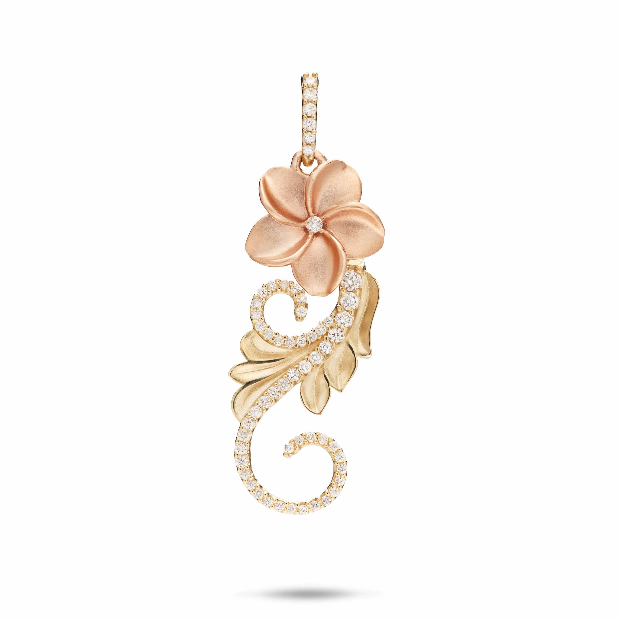Hawaiian Heirloom Plumeria Pendant in Two Tone Gold with Diamonds - 30mm Minimalist Piece Timeless Design