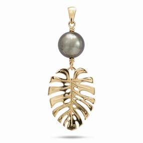 Premium Style Monstera Tahitian Black Pearl Pendant in Gold - 23mm