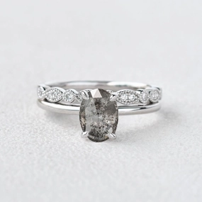 Bold Glance Oval Cut Salt and Pepper Diamonds Solitaire  Engagement Ring Sets 2pcs