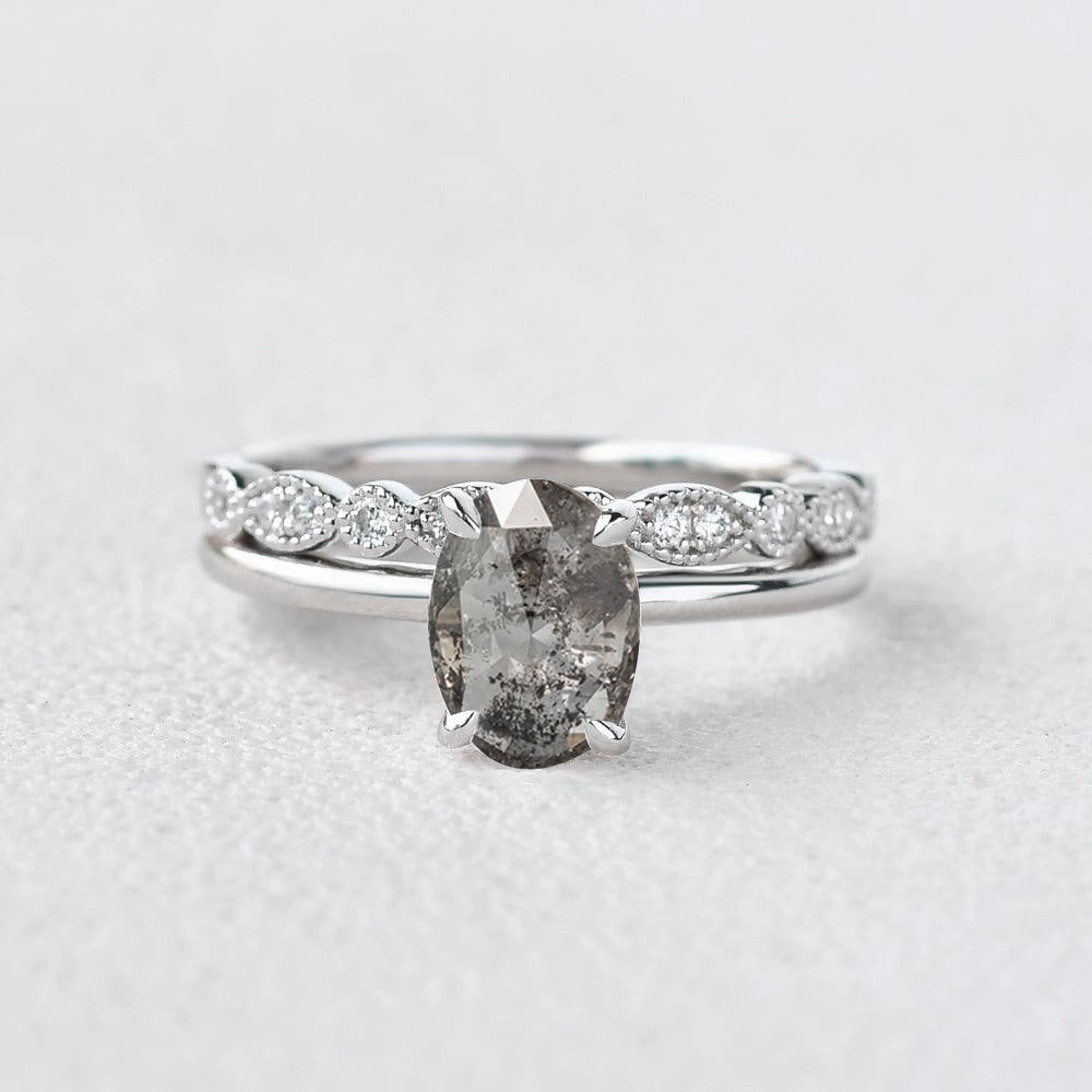 Oval Cut Salt and Pepper Diamonds Solitaire  Engagement Ring Sets 2pcs Perfect Accent Signature Feature