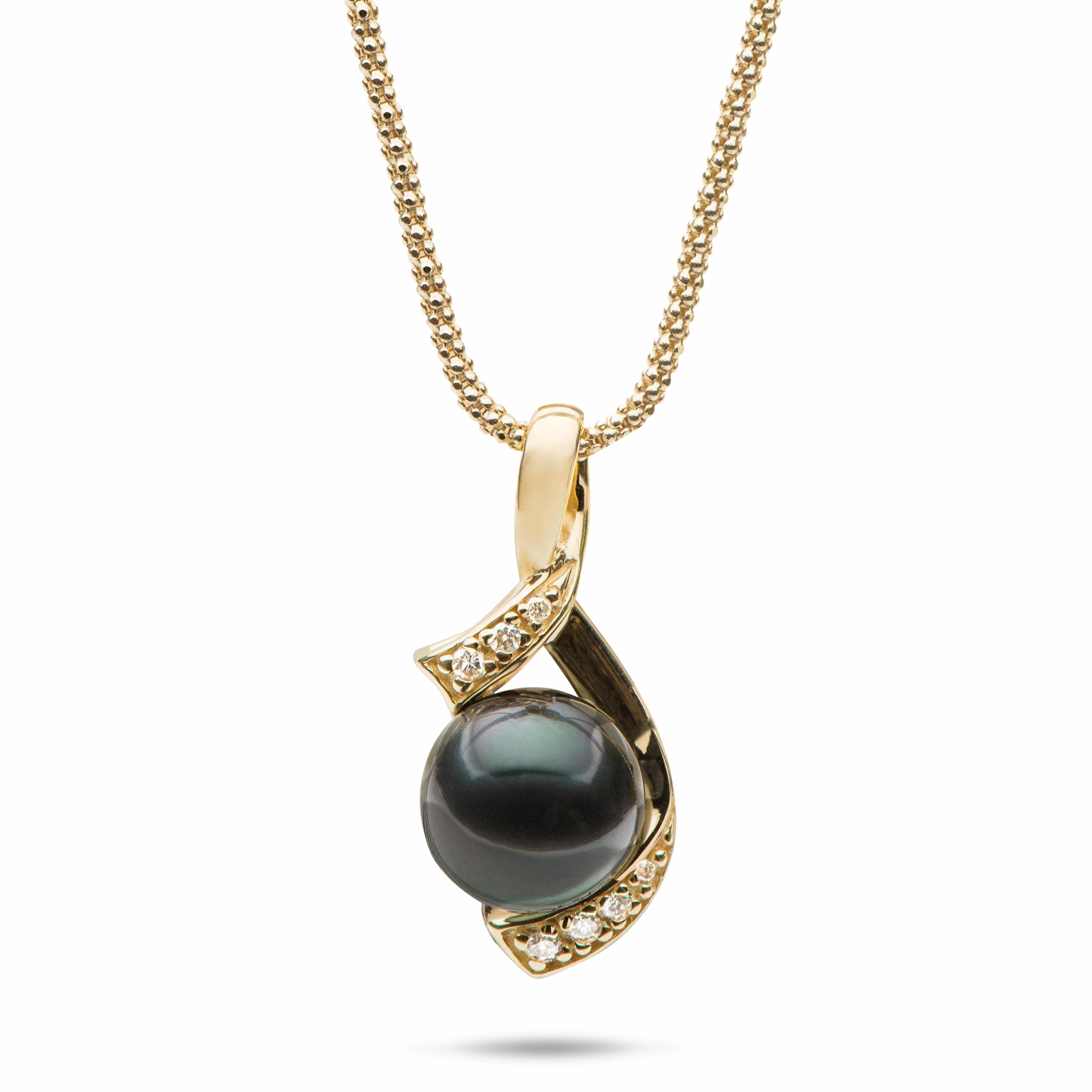 Crafted Detail 18" Tahitian Black Pearl Pendant Necklace in Gold with Diamonds - 10-11mm