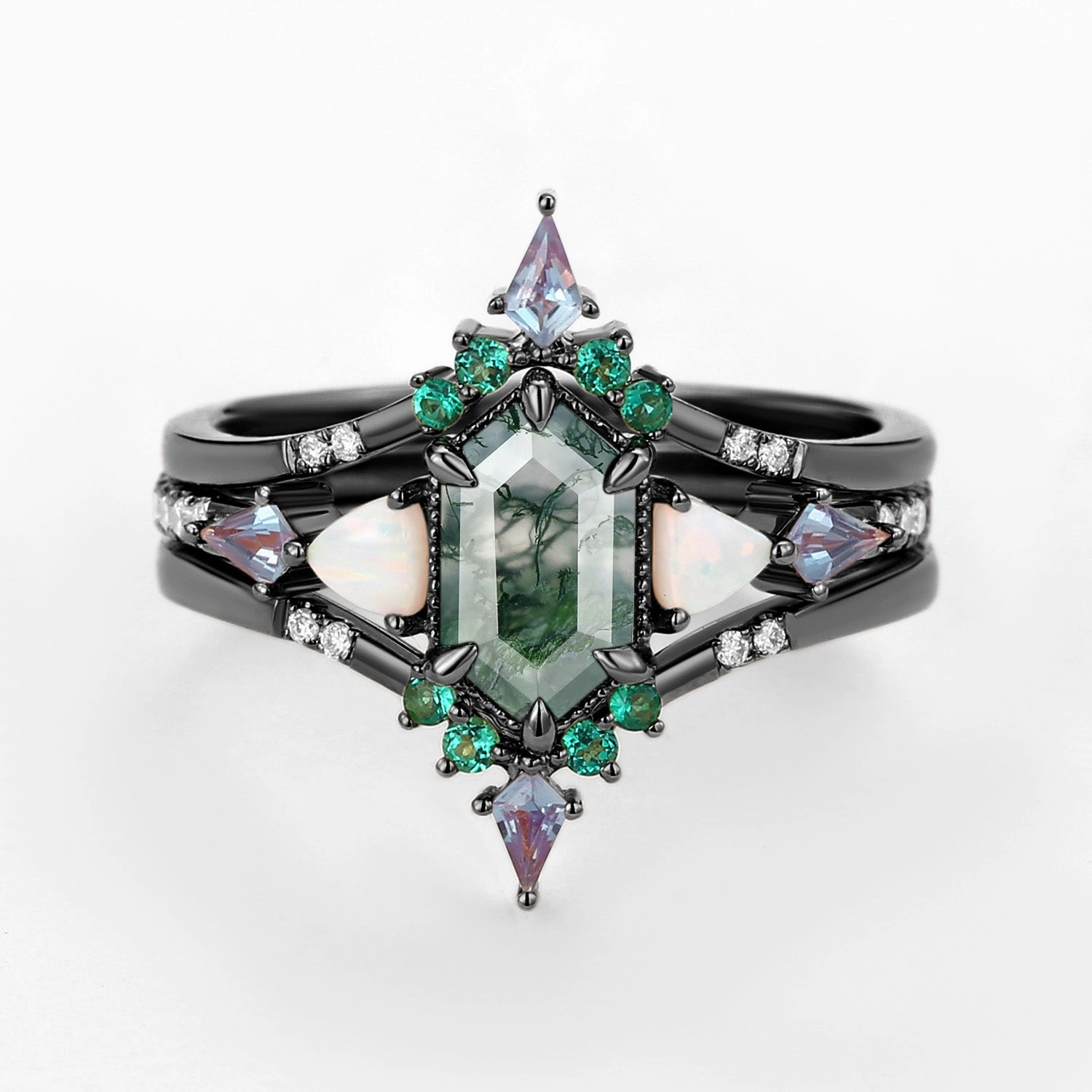 Long Hexagon Moss Agate & Opal & Alexandrite & Emerald Engagement Ring Set 3pcs - Max Premium Accent Allure Sparkle