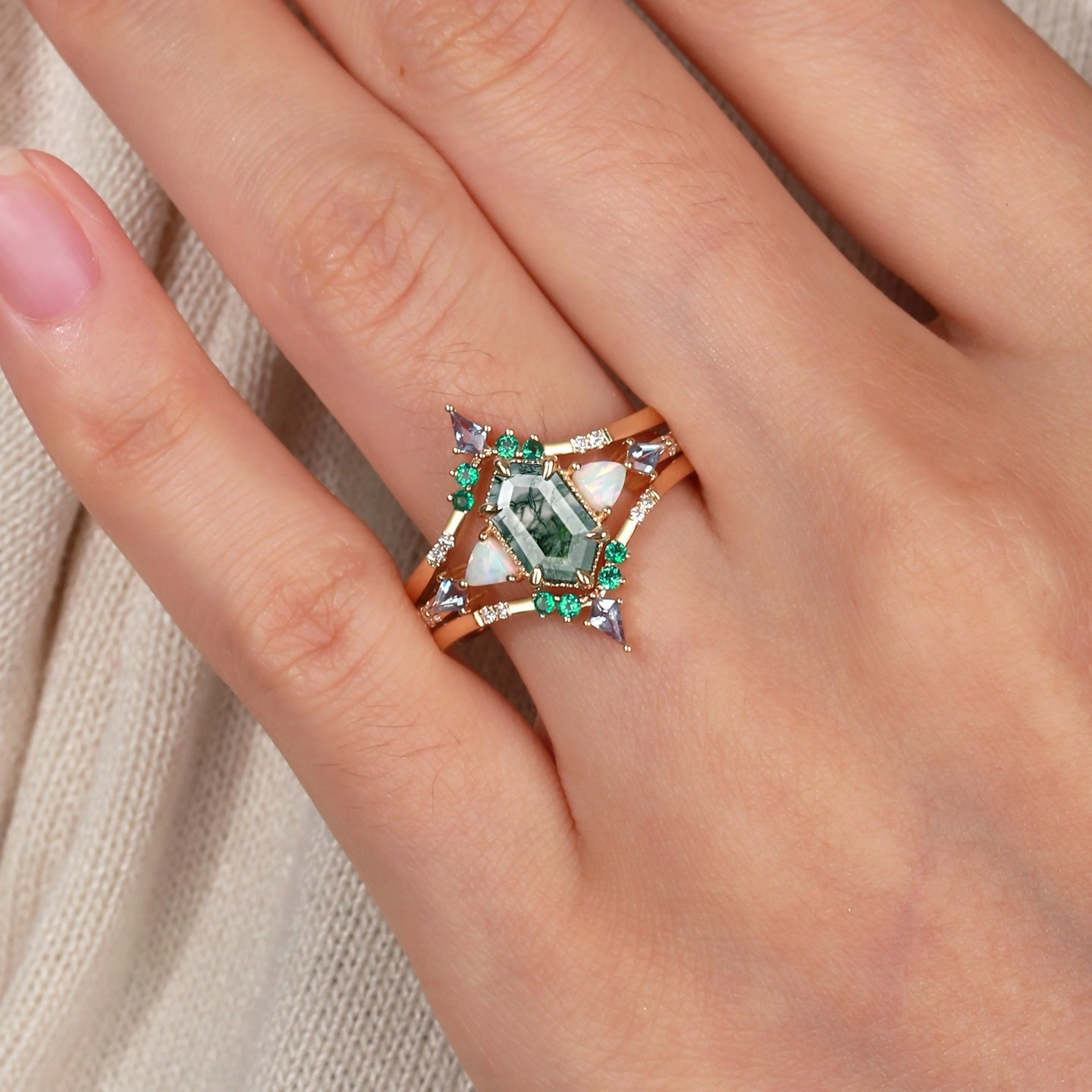 Chic Design Long Hexagon Moss Agate & Opal & Alexandrite & Emerald Engagement Ring Set 3pcs - Max