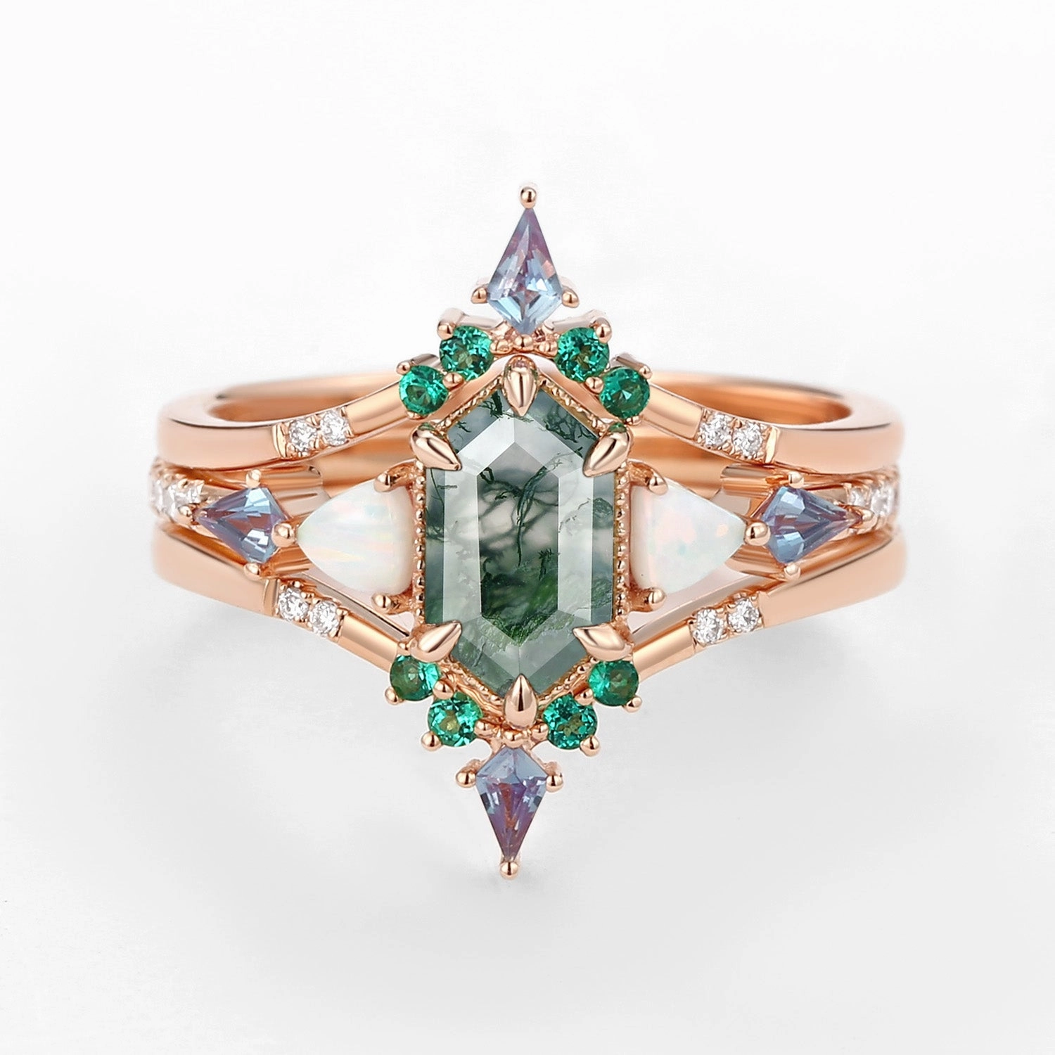 Long Hexagon Moss Agate & Opal & Alexandrite & Emerald Engagement Ring Set 3pcs - Max Neat Spark