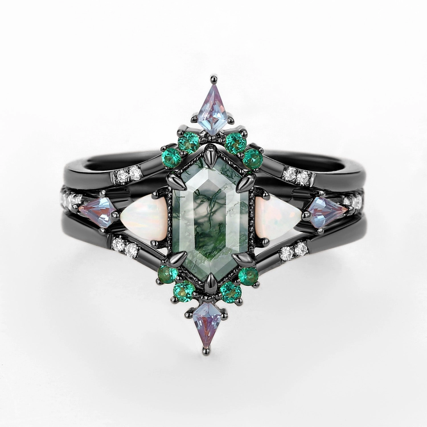 Exquisite Shine Finish Radiant Design Long Hexagon Moss Agate & Opal & Alexandrite & Emerald Engagement Ring Set 3pcs - Max