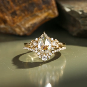 Rose Cut Pear Vintage Moissanite Gold Ring Set 2pcs - Rhea Chic Glam Distinctive Style Pieces